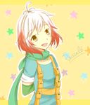  1girl :d antenna_hair artist_request blue_shirt bobcut brown_eyes gloves happy highlights looking_at_viewer multicolored_hair open_mouth pascal_(tales) puffy_sleeves red_hair scarf short_hair smile star suspenders tales_of_(series) tales_of_graces tales_of_graces_f two-tone_hair white_hair 