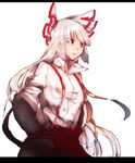  bow crashtv fujiwara_no_mokou hair_bow hand_in_pocket highres long_hair red_eyes simple_background solo touhou white_background white_hair 