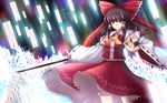  ascot bare_shoulders bloomers bow brown_eyes brown_hair detached_sleeves frills gohei hair_bow hair_tubes hakurei_reimu haraegushi long_hair ofuda oonusa skirt skirt_flip solo tama_go touhou underwear wide_sleeves 