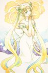  beads bishoujo_senshi_sailor_moon blonde_hair blue_eyes crescent diadia double_bun dress earrings facial_mark flower forehead_mark hands_together jewelry kneeling long_hair princess_serenity ribbon smile solo strapless strapless_dress traditional_media tsukino_usagi twintails very_long_hair watercolor_(medium) white_dress 