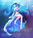  aqua_eyes arm_up bikini blue blue_hair character_name dated detached_sleeves floating_hair greatpengh happy_birthday hatsune_miku highres long_hair navel solo striped striped_bikini submerged swimsuit toenail_polish twintails underwater very_long_hair vocaloid 