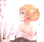  alternate_hairstyle bare_shoulders blonde_hair cherry_blossoms closed_mouth earrings flower hair_flower hair_ornament japanese_clothes jewelry junko_(touhou) kimono nape off_shoulder red_eyes septet_(zrca_janne) solo touhou 