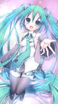  aqua_eyes aqua_hair boots detached_sleeves hatsune_miku headset highres long_hair looking_at_viewer necktie open_mouth outstretched_arm ro_(igris-geo) skirt solo thigh_boots thighhighs twintails very_long_hair vocaloid 