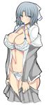  bad_id bad_pixiv_id bikini biting biting_clothes blue_eyes blush breasts cleavage collarbone commentary_request cowboy_shot frilled_bikini frills grey_hair hair_ribbon highres large_breasts long_sleeves looking_at_viewer navel open_clothes polka_dot polka_dot_bikini ribbon rihito_akane school_uniform senran_kagura senran_kagura_shinovi_versus short_hair sketch solo stomach swimsuit undressing white_background white_ribbon yumi_(senran_kagura) 