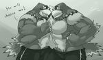  2014 4_fingers animal_crossing anthro avian beak bird clothed clothing digital_drawing_(artwork) digital_media_(artwork) eagle english_text eye_contact feathers fist frown glare greyscale happyending hulk_(animal_crossing) male male/male manly monochrome nintendo pants serratus signature tail_feathers text topless video_games 