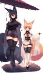  2girls absurdres ahoge animal_ear_fluff animal_ears bare_shoulders bike_shorts black_hair black_legwear blonde_hair blush breasts detached_sleeves elbow_gloves eyebrows_visible_through_hair eyes_closed facing_viewer fox_ears fox_tail gloves hair_between_eyes hair_ornament hairclip highres huge_breasts japanese_clothes kiri_(sub-res) large_tail long_hair looking_to_the_side multiple_girls obi original red_eyes sash short_hair smile sub-res suzu_(sub-res) tail thighhighs walking white_background 