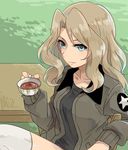  black_shirt blonde_hair blue_eyes bomber_jacket breasts brown_jacket chair crossed_legs cup emblem girls_und_panzer grass hair_intakes highres holding jacket kay_(girls_und_panzer) long_hair long_sleeves looking_at_viewer medium_breasts military military_uniform monsieur open_clothes open_jacket saunders_military_uniform shirt sitting solo table tea teacup thighhighs uniform white_legwear wooden_chair wooden_table 