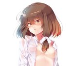  asymmetrical_hair blush brown_eyes brown_hair naked_suspenders no_bra open_clothes open_shirt parted_lips septet_(zrca_janne) shirt solo suspenders touhou usami_renko white_background 