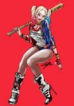  1girl baseball_bat batman_(series) blonde_hair breasts dc_comics dip-dyed_hair fishnets harley_quinn high_heel_boots jacket lipstick makeup pantyhose short_shorts shorts sitting solo suicide_squad twintails weapon 