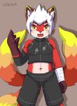  4_fingers brown_eyes canine clothing cub fox fur hair male mammal multi_tail navel open_mouth orange_fur red_fur shorts simple_background solo tan_fur teenager white_hair yellow_fur young yuda 