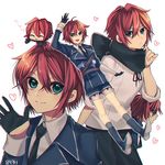  black_gloves boots chibi gloves green_eyes hakusai_ponzu heart holster male_focus military military_uniform multiple_views necktie open_mouth red_hair scarf shinano_toushirou shorts smile thigh_holster touken_ranbu translation_request uniform 