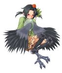  absurdres black_hair black_wings blush caleana crow_tengu digitigrade egg feathered_wings feathers hair_ornament happy harpy hat highres leaf_hair_ornament monster_girl monster_girl_encyclopedia non-web_source object_hug pointy_ears red_eyes short_hair signature simple_background skirt smile solo talons tengu tokin_hat white_background wings 