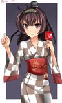  akizuki_(kantai_collection) black_hair candy_apple food hachimaki hair_ornament hairband headband hebitsukai-san highres japanese_clothes kantai_collection kimono long_hair obi ponytail purple_eyes sash solo yukata 