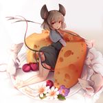  animal_ears ass bare_legs barefoot black_dress capelet cheese dress food from_behind full_body grey_hair jewelry kneeling kyuri_tizu looking_at_viewer minigirl mouse mouse_ears mouse_tail nazrin open_mouth pendant red_eyes serious short_dress solo tail thighs touhou 