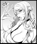  2016 bare_shoulders blush breasts candy choker cleavage dated food greyscale huge_breasts lollipop long_hair looking_at_viewer monochrome off_shoulder original saliva saliva_trail solo sweatdrop teeth tongue tongue_out v warabino_matsuri 
