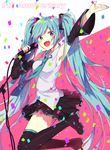  absurdres anniversary aqua_hair arm_up armpits black_footwear black_legwear blue_eyes boots confetti detached_sleeves from_side full_body hatsune_miku highres jumping kuro-kinoko-obake long_hair microphone microphone_stand necktie open_mouth skirt solo thigh_boots thighhighs twintails very_long_hair vocaloid 
