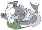  &lt;3 2014 4_fingers anthro biceps big_biceps big_muscles blowhole blush cetacean clothed clothing colored dolphin dorsal_fin duo eyes_closed fin fish fist gills great_white_shark green_clothing grey_scales happyending hug looking_at_viewer male male/male mammal manly marine multicolored_scales muscular muscular_male navel nipples open_mouth pants pecs scales scalie serratus shark sharp_teeth side_view simple_background size_difference tail_fin teeth topless two_tone_scales white_background white_nipples white_scales 