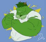  2014 anthro biceps big_biceps blue_background clothing colored cute digital_drawing_(artwork) digital_media_(artwork) dragon eyes_closed fist front_view green_hair green_scales hair happyending huge_muscles male manly muscular muscular_male pecs scales scalie shirt signature simple_background smile t-shirt teeth toony white_clothing 
