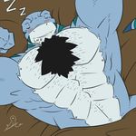  2014 abs anthro armpits bed bed_sheet bedding black_hair blue_scales blush chest_tuft eyes_closed hair happyending huge_muscles lying male manly markings multicolored_scales muscular muscular_male nude pecs reptile scales scalie serratus signature sleeping teal_markings tuft white_scales 