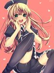  :d black_legwear blonde_hair blue_eyes dress hakusai_ponzu hands_on_own_face hat heart heart-shaped_pupils long_hair male_focus midare_toushirou necktie open_mouth otoko_no_ko shorts shorts_under_dress sitting smile solo symbol-shaped_pupils thighhighs touken_ranbu 