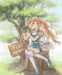  anshu_(o9jucea) aqua_footwear binoculars brown_hair copyright_name gloves highres long_hair outdoors pouch ribbed_sweater shoes sign sitting sitting_on_tree_stump smile solo sweater thighhighs tree tree_of_savior tree_stump twintails white_gloves white_legwear 