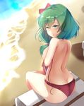  absurdres alternate_costume ass back bangs beach bikini blurry blurry_background blush bow breasts day frills from_behind green_eyes green_hair hair_between_eyes hair_bow hair_censor hair_over_breasts hair_ribbon highres kagiyama_hina looking_afar looking_back looking_to_the_side medium_breasts nose_blush outdoors red_bikini reflective_eyes ribbon septet_(zrca_janne) shiny shiny_hair sideboob sitting solo swept_bangs swimsuit thighs tied_hair touhou untied untied_bikini water wet 