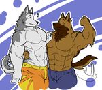  5_fingers ^_^ abs anthro armpits biceps big_biceps big_muscles black_nose blue_background blue_clothing brown_fur canine clothed clothing colored cute digital_drawing_(artwork) digital_media_(artwork) dog duo eyes_closed flat_colors flexing fluffy fluffy_tail fur german_shepherd grey_fur happyending humanoid_hands husky male male/male mammal manly multicolored_fur muscular muscular_male navel orange_clothing serratus shorts simple_background smile sweat tailwag teeth toony topless two_tone_fur white_background 