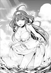  :o ahoge bikini blush bow breasts cleavage collarbone commentary_request day eyebrows eyebrows_visible_through_hair fingernails greyscale hairband headgear highres ijima_yuu kantai_collection kongou_(kantai_collection) lifted_by_self light_rays long_hair looking_at_viewer medium_breasts monochrome navel open_mouth ribbon sarong sarong_lift sidelocks sky solo sparkle splashing stomach sunlight swimsuit very_long_hair wading water 