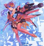  bare_shoulders bird blue_eyes boots elbow_gloves energy flying g.haruka gatling_gun gauntlets gloves gorget gun mecha_musume minigun navel original parted_lips penguin pink_footwear pink_legwear purple_hair see-through sword thigh_boots thighhighs weapon wings 