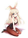  animal_ears bare_shoulders between_legs blonde_hair blue_eyes blush bow bowtie breasts bunny_ears bunny_girl bunny_tail bunnysuit cleavage detached_collar full_body hand_between_legs high_heels highres medium_breasts nia_(leafunia) one_eye_closed original pantyhose pouty_lips seiza shadow signature sitting solo tail wrist_cuffs 
