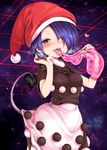  blue_eyes blue_hair blush breasts breath commentary_request cow_tail doremy_sweet dream_soul dress eating eyes_visible_through_hair hair_over_one_eye half-closed_eyes hands_up harusame_(unmei_no_ikasumi) hat heart looking_at_viewer medium_breasts nightcap pom_pom_(clothes) red_hat saliva short_sleeves sky smile solo star_(sky) starry_sky tail tapir_tail teeth tongue touhou 
