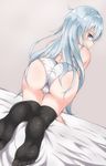  all_fours ass bad_perspective black_legwear blue_eyes blush feet from_behind hibiki_(kantai_collection) highres kantai_collection long_hair looking_back no_shoes panties pov_feet profile silver_hair soles solo thighhighs toes underwear white_panties yuzuzukushi 
