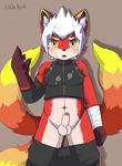  4_fingers balls blush brown_eyes canine clothing cub erection fox fur hair humanoid_penis male mammal multi_tail navel open_mouth orange_fur partially_retracted_foreskin penis red_fur shorts simple_background solo tan_fur teenager uncut white_hair yellow_fur young yuda 