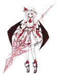  absurdres arm_garter ascot bat_wings boots choker fingernails full_body hat hat_ribbon highres limited_palette looking_at_viewer mob_cap nail_polish pale_skin puffy_short_sleeves puffy_sleeves red_eyes red_legwear red_nails red_ribbon remilia_scarlet ribbon sash sharp_fingernails shirt short_sleeves simple_background skirt solo spear_the_gungnir touhou white_background wings wrist_cuffs yutapon 