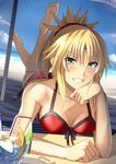  barefoot beach beach_towel bendy_straw bikini blonde_hair blue_hawaii blush breasts chin_rest cup drinking_straw fate/apocrypha fate/grand_order fate_(series) green_eyes grin looking_at_viewer lying medium_breasts mordred_(fate)_(all) mordred_(swimsuit_rider)_(fate) ocean on_stomach outdoors red_bikini sand shiseki_hirame short_ponytail side-tie_bikini smile soles solo spiked_hair swimsuit the_pose toes towel tropical_drink water 
