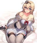  bare_shoulders blonde_hair blue_eyes blush braid breasts capelet cleavage crown french_braid hairband high_heels highres jjune kantai_collection large_breasts long_hair long_sleeves mini_crown off_shoulder sitting solo thigh_gap thighhighs wariza warspite_(kantai_collection) wide_hips zettai_ryouiki 