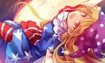  american_flag_dress american_flag_legwear blonde_hair clownpiece dress fairy_wings hat jester_cap kutsuki_kai long_hair looking_at_viewer neck_ruff open_mouth pantyhose polka_dot red_eyes sketch smile solo star star_print striped touhou wings 