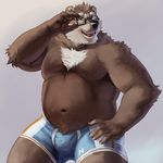  2015 anthro bear belly big_belly black_nose boxers_(clothing) brown_eyes brown_fur bulge chest_tuft clothed clothing digital_media_(artwork) eyewear front_view fur glasses hi_res male mammal multicolored_fur navel open_mouth portrait simple_background slightly_chubby solo tan_fur teeth the_farewelled three-quarter_portrait tongue tuft underwear white_fur 