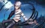 accelerator albino city cloud crutch earbuds earphones grin looking_at_viewer male_focus moon shirt sky smile solo striped striped_shirt to_aru_majutsu_no_index white_hair 