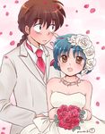  1girl dress eyebrows_visible_through_hair flower hanamutsuki heart heart-shaped_pupils ranma_1/2 rose saotome_ranma symbol-shaped_pupils tendou_akane tuxedo wedding_dress 