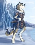  amber_eyes anthro armello barefoot bow_(weapon) braided_hair braided_tail brown_fur canine castle cloak clothing dagger digitigrade female frown fur hair infiniteedge lake mammal melee_weapon mountain ranged_weapon river_(armello) snow snowing solo weapon white_fur wolf 