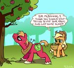  applejack_(mlp) big_macintosh_(mlp) blonde_hair brother cutie_mark duo earth_pony english_text equine feral foudubulbe friendship_is_magic fur green_eyes hair hat hooves horse low_res mammal my_little_pony open_mouth pony red_fur sibling sister sky standing text tongue tree 