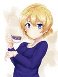  bangs blonde_hair blue_eyes blue_shirt braid closed_mouth collarbone cup darjeeling eyebrows eyebrows_visible_through_hair french_braid girls_und_panzer hair_between_eyes heart long_sleeves looking_at_viewer shirt simple_background smile solo souten_(bluesky145) tea teacup upper_body white_background 