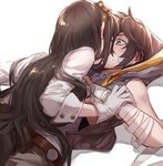  1girl aki663 arm_grab assertive ayer bandage_on_face bandaged_arm bandages bare_shoulders black_hair blush brother_and_sister closed_eyes ear_blush girl_on_top gloves goggles goggles_on_head granblue_fantasy hetero hidden_face hood incest jessica_(granblue_fantasy) kiss long_hair lying on_back purple_eyes shadow shirt short_hair siblings simple_background sweat white_background white_gloves white_shirt 