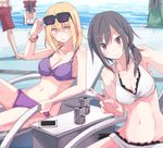  4girls alcohol asahi_breweries beer beer_can bikini blush bow breasts brown_hair can cellphone chair hair_bow hakurei_reimu long_hair looking_at_viewer lounge_chair maribel_hearn medium_breasts multiple_girls navel no_hat no_headwear o-ring o-ring_bikini open_mouth partially_submerged phone ponytail red_eyes shiroshi_(denpa_eshidan) short_hair sitting smartphone smile sunglasses swimsuit touhou usami_renko v water yellow_eyes 