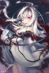  bad_id bad_pixiv_id bare_shoulders blood chromatic_aberration drag-on_dragoon drag-on_dragoon_3 flower_eyepatch gauntlets highres long_hair looking_at_viewer purple_eyes snow_is solo white_hair zero_(drag-on_dragoon) 