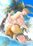  2boys abs ass back bangs bara beach blonde_hair cloud day granblue_fantasy highres hinoakimitsu large_pectorals looking_at_viewer male_focus male_swimwear multiple_boys muscular muscular_male nipples official_alternate_costume open_mouth outdoors partially_submerged pectorals percival_(granblue_fantasy) short_hair sky smile solo_focus splashing summer thick_thighs thighs topless_male twitter_username vane_(granblue_fantasy) water yellow_male_swimwear 