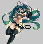  adapted_costume alternate_breast_size aqua_eyes aqua_hair black_legwear breasts detached_sleeves eu03 fang grey_background hatsune_miku highleg highleg_panties huge_breasts long_hair looking_at_viewer midair miniskirt navel necktie open_mouth panties simple_background sketch skindentation skirt sleeveless solo thighhighs thong twintails underboob underwear very_long_hair vocaloid 