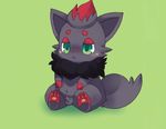  :&lt; balls blush canine cub exige feral fur green_background green_eyes grey_fur male mammal navel nintendo pawpads paws penis pok&eacute;mon simple_background sitting small_penis solo video_games young zorua 