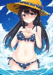  3: adapted_costume bikini black_hair blush bow breast_suppress breasts cleavage cloud cloudy_sky coffeedog day dripping front-tie_top hands_on_own_chest hat hat_bow hat_ribbon kantai_collection long_hair medium_breasts navel outdoors polka_dot polka_dot_bikini polka_dot_bow polka_dot_ribbon polka_dot_swimsuit ribbon shiny shiny_skin side-tie_bikini sky solo straw_hat swimsuit ushio_(kantai_collection) wading water wavy_mouth 